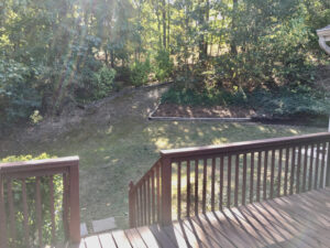 A wooden deck with stairs leading to the water.