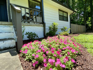 A house with flowers in front of it