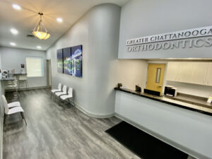 A view of the reception area at the dentist office.