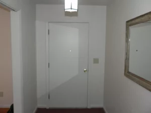 A white door in the hallway of a home.