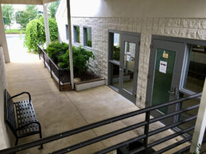 A view of the outside of a building from above.