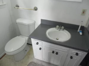 A bathroom with white cabinets and black counter tops.