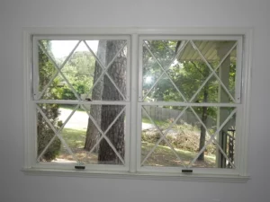 A view of trees through the window.