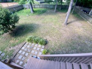 A backyard with stairs leading to the ground.