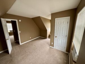 A room with brown walls and white door.