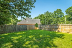 A backyard with grass and trees in the background.