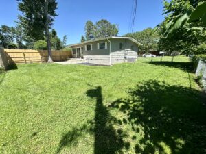 House with a green lawn and trees.