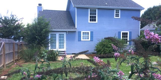 Blue two story house with flowering backyard